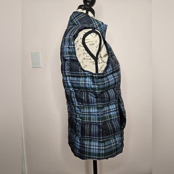 Eddie Bauer Womens Premium Goose Down Vest Blue Green Plaid Quilted Zip Small - Picture 3 of 13